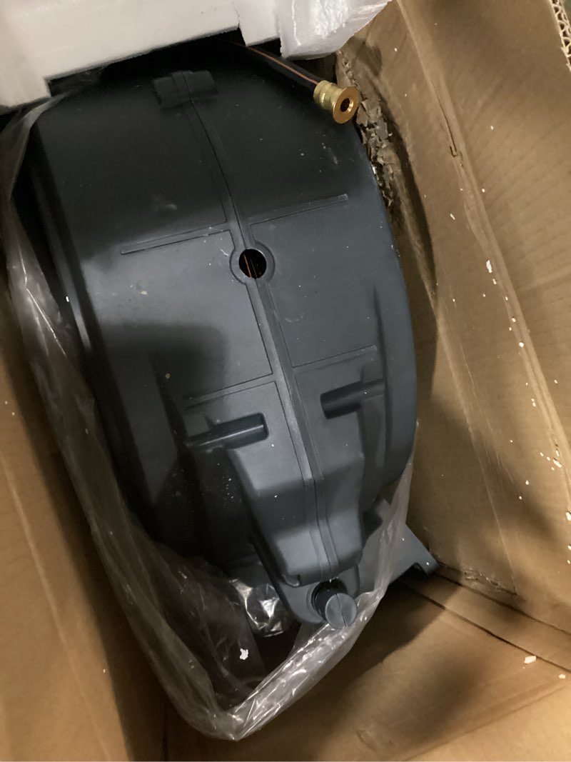 Condition photo showing As Is for giraffe tools retractable garden hose reel 1/2 inch x 130 ft, super heavy duty, any length lock, slow return system, wall mounted and 180 deg swivel bracket 1/ 2"130 ft