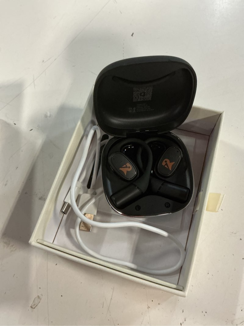 Condition photo showing As Is for open-ear earbus,true wireless bluetooth earphones with microphone,ultra-lightweight headphones, comfort hook design, clear calls,ipx5 water resistant,fast charging,v49