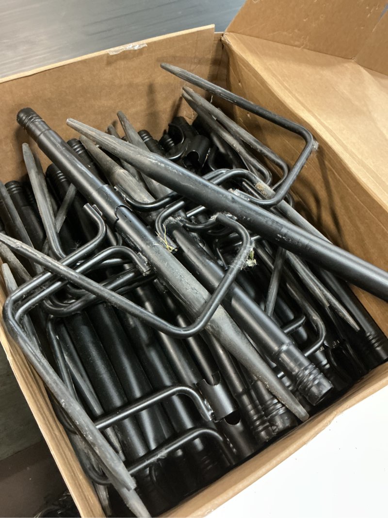 Condition photo showing As Is for 6 pack string light poles for outside, upgraded heavy-duty metal poles for outdoor string lights with fork, adjustable lighting hanging accessories for patio decor pergola backyard garden decorations