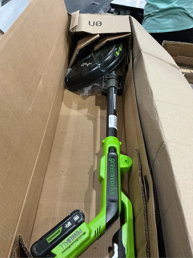 Condition photo showing As Is for greenworks 24v 12" brushless string trimmer kit, 2-in-1 trimmer & edger, adjustable shaft, 3.0ah usb-c battery, 65w usb-c charger, 10 blades, 3-year warranty string trimmer 12" new (battery included)