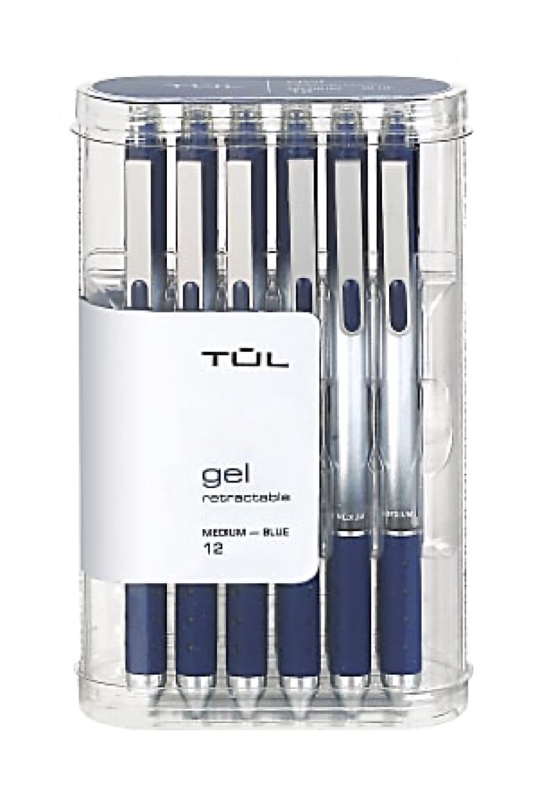 TUL Gel Pens, Retractable, 6.29 in W x 2.36 in H 2.75 in D Gray Barrel, Blue Ink, Pack Of 12