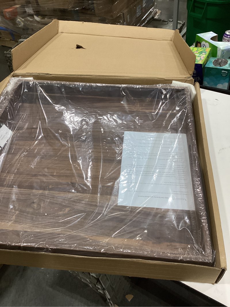 Condition photo showing New/Like New for 26 x 26 Inches Extra Large Square Black Walnut Wood Ottoman Tray with Handles, Serve Tea, Coffee Classic Wooden Decorative Serving Tray 26" x 26" x 2.5"