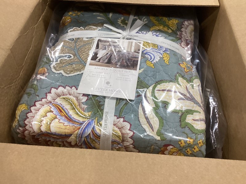 Condition photo showing Good Condition for levtex home angelica reversible full/queen quilt set (88x92in) and 2 pillow shams (26x20) - bedding - blue grey, coral - cotton full/queen size quilt bedding set - lightweight, soft, pre-washed grey quilt - full/queen