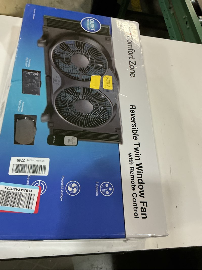 Condition photo showing Good Condition for comfort zone 9-inch reversible twin window fan with remote control – 3-speed dual blade fan with exhaust, cooling & circulate modes, expandable width 23.5" to 37", removable bug screen & tabletop feet