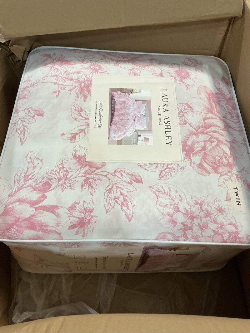 Condition photo showing Good Condition for laura ashley – twin comforter set, soft bedding with matching sham, reversible floral room decor, college dorm room essentials (delphine pink) twin delphine mauve pink