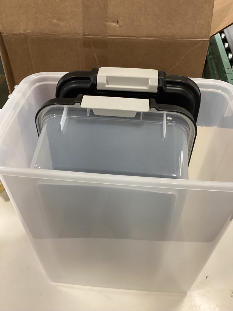 Condition photo showing Good Condition for IRIS USA 3-Piece 41 Lbs / 45 Qt WeatherPro Airtight Pet Food Storage Container Combo with Scoop and Treat Box for Dog Cat and Bird Food, Keep Fresh, Translucent Body, Easy Mobility, Black