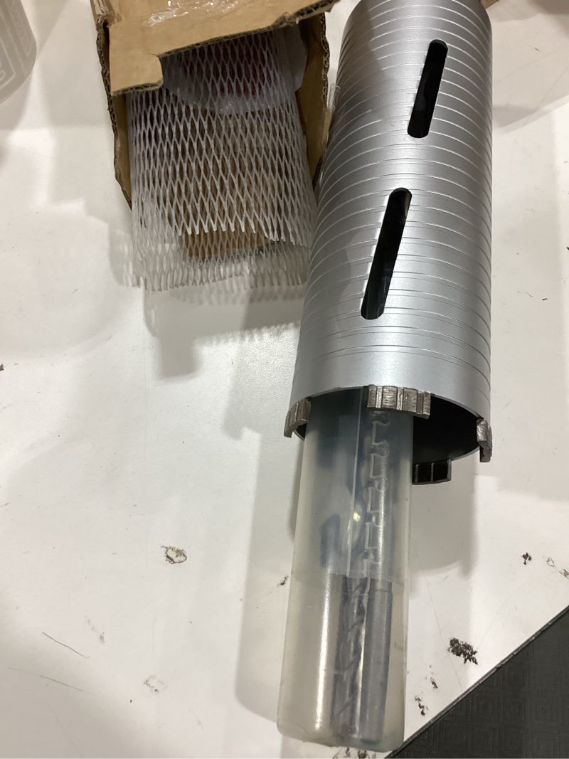 Condition photo showing Good Condition for 3-1/2 inch diamond dry core drill bit, 10" drilling depth, 5/8"-11 thread core drill bit for concrete, includes 3 adapters sds plus, sds max and hex (3-1/2")