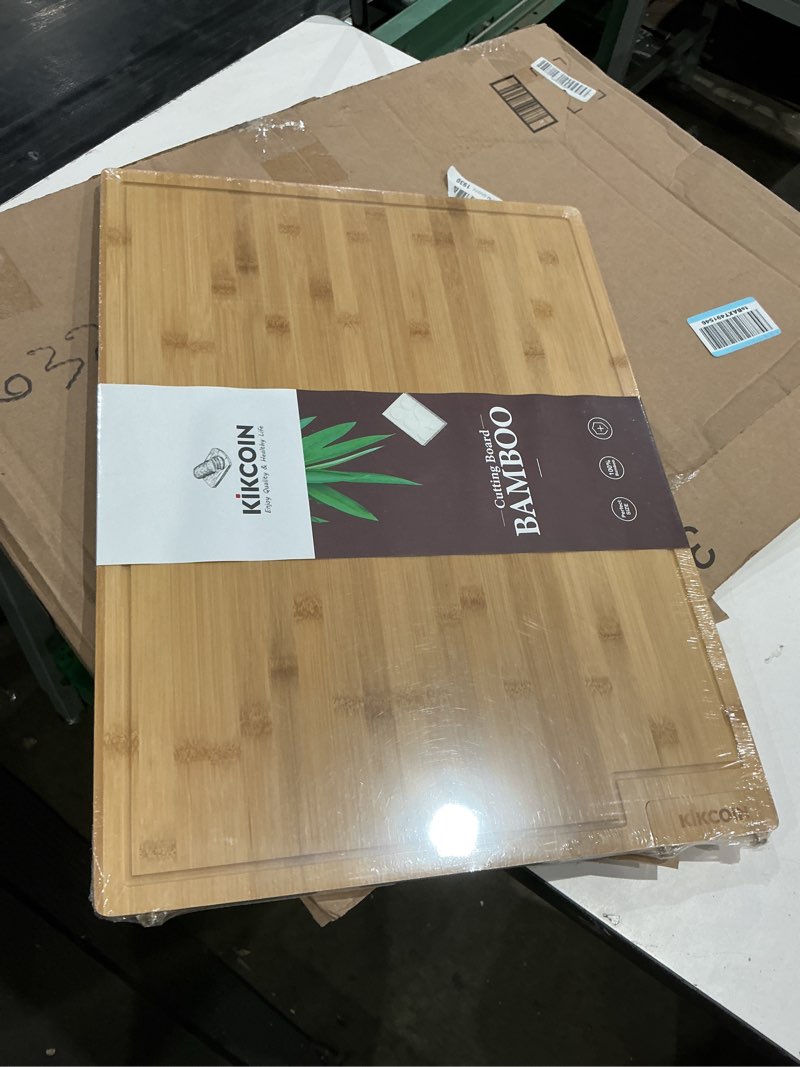 Condition photo showing Good Condition for kikcoin bamboo cutting boards for kitchen, 3xlarge wood cutting board with rotating kickstand & juice groove, wooden chopping board for meats veges fruits, heavy duty serving tray, 24 x 18 inch 24"l x 18"w 1