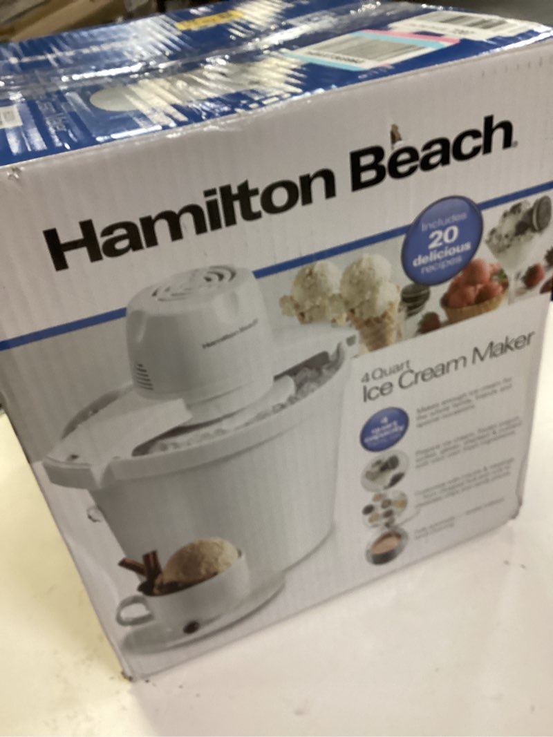 Condition photo showing New/Like New for Hamilton Beach Electric Automatic Ice Cream Maker & Frozen Yogurt Machine, Makes Custard, Sorbet, Gelato and Sherbet, 4 Quart, White (68330N)