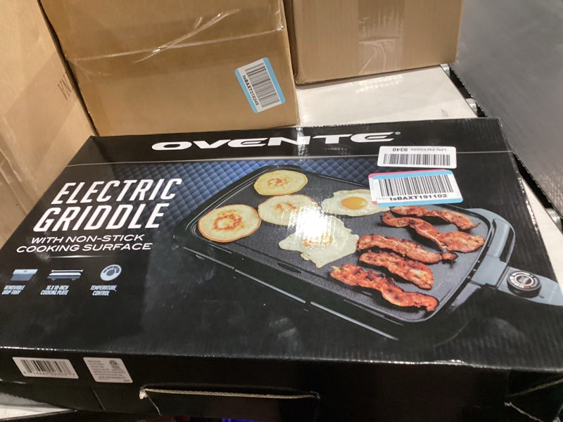 Condition photo showing New/Like New for OVENTE Electric Griddle with 16 x 10 Inch Flat Non-Stick Cooking Surface, Removable and Adjustable Temperature Control, Indoor Grill for Instant Breakfast, Pancakes, Eggs or Burgers, Black GD1610B