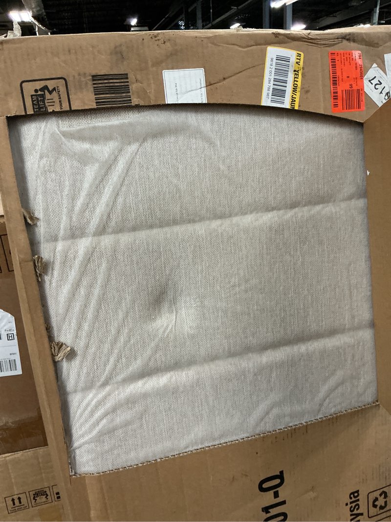 Condition photo showing As Is for aldrich brown wood and metal frame upholstered queen wingback platform bed with channel tufting queen bed frame