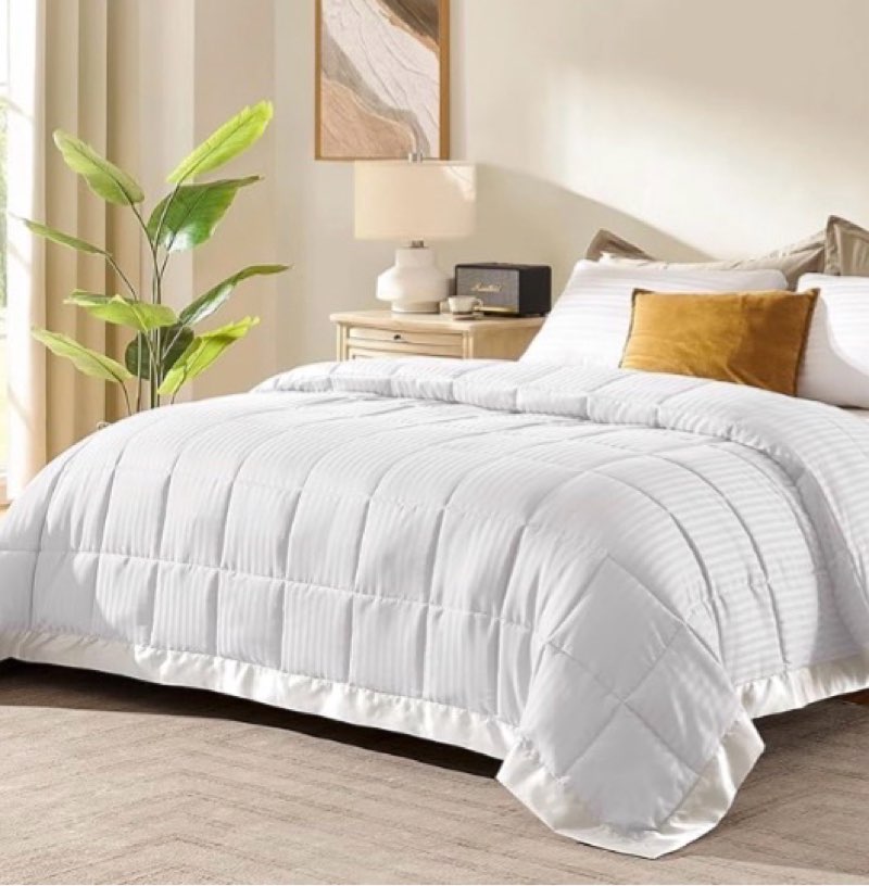downluxe queen size blanket with satin trim, lightweight down alternative blankets queen size for all season, machine washable (ivory, 90x90 inch)