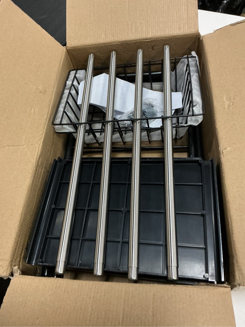 Condition photo showing Good Condition for expandable under sink organizer, 2 tier under sink shelf with 2 removable baskets and 6 removable panels for cabinet sink cloakroom wardrobe closet storage(black, 17.71”-32”length