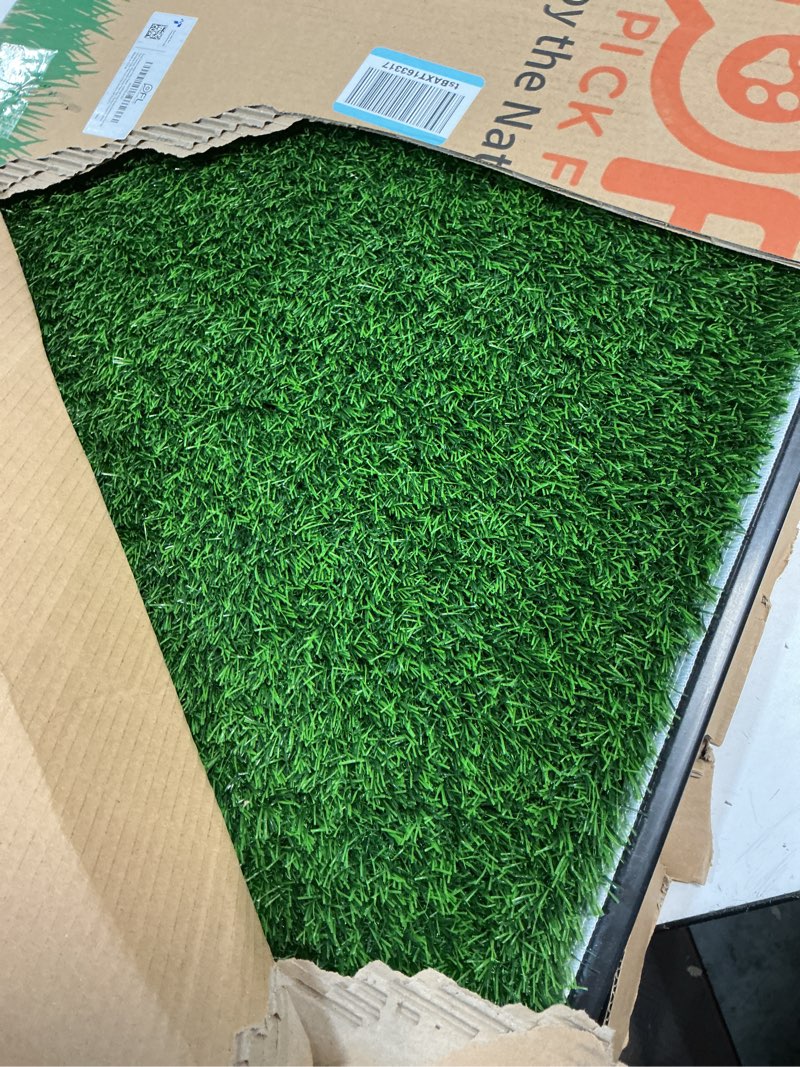 Condition photo showing Good Condition for dog grass large potty patch, dog litter boxes artificial grass bathroom turf for pet training, washable puppy pee pad, perfect indoor/outdoor portable potty pet loo (tray system-35"x22.6") 3-layered design l-35"x22.6"