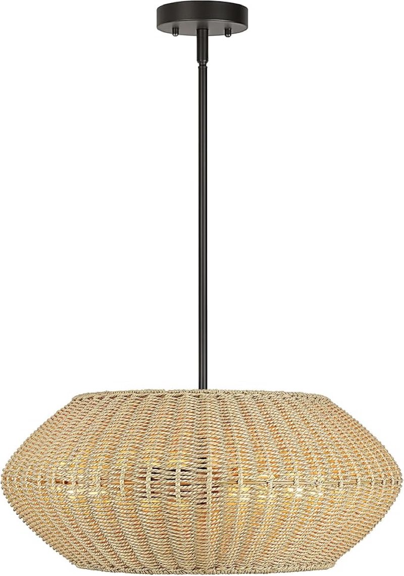 prime ray 4-light rattan chandelier for dining room, 20" handwoven seagrass pendant light, brown wic