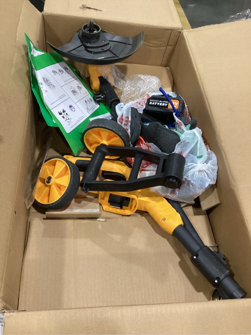 20000 rpm brushless electric weed wacker cordless, 12\'\' wheeled weed eater battery powered brush cutter, 4-in-1 grass trimmer stringless weed trimmer lawn mower edger w\/wheel metal blade battery