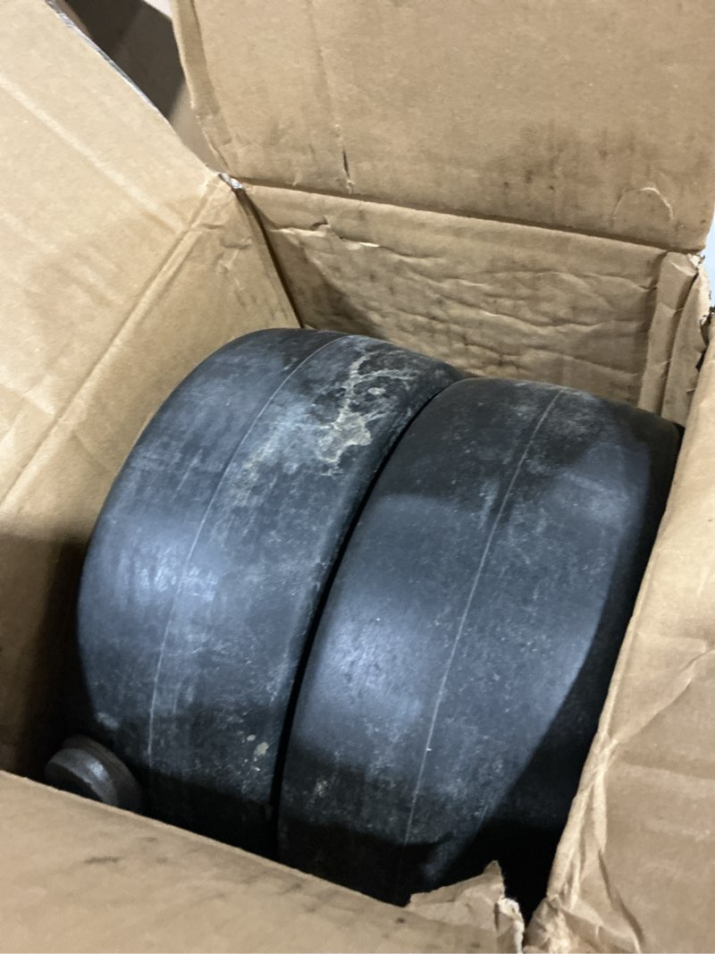 Condition photo showing As Is for parts camp 9x3.50-4" flat free tire and wheel lawnmower tire,front zero turn mower/garden tractors/wheelbarrows/garden carts tires with 3/4" & 5/8" bushing,3.5"-4" centered hub(set of 2)