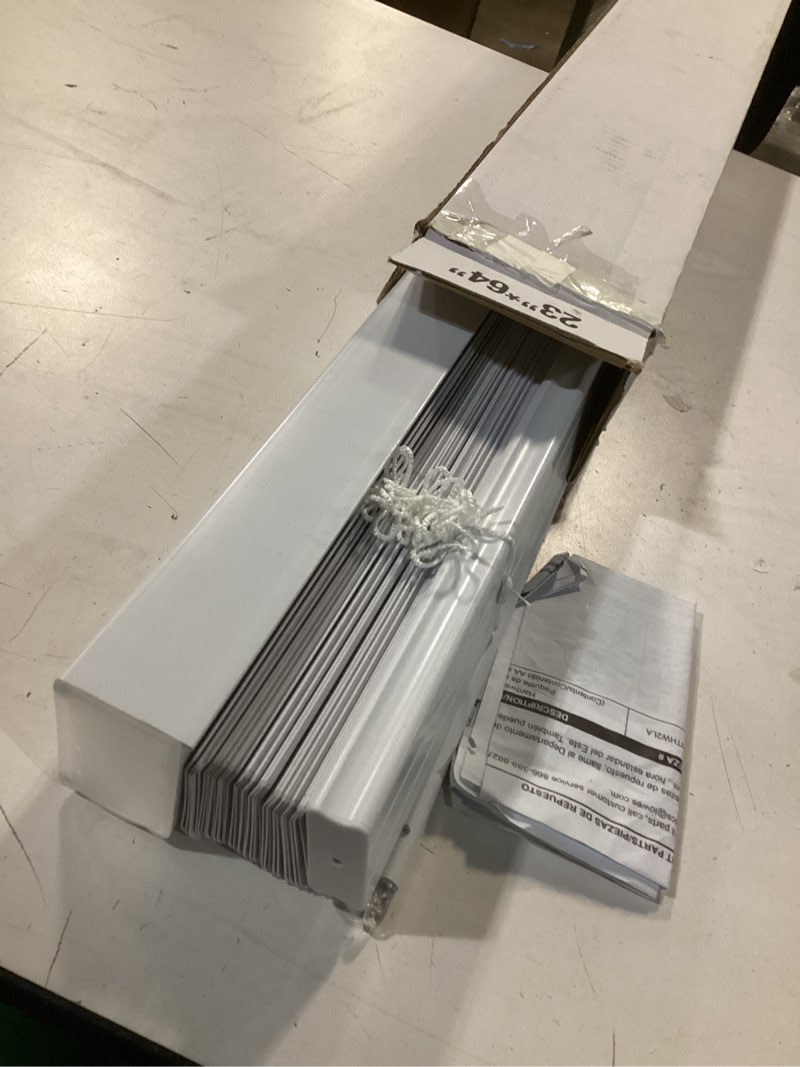 Condition photo showing As Is for Project Source Premium 2-in Slat Width 23-in x 64-in Cordless White Vinyl Room darkening