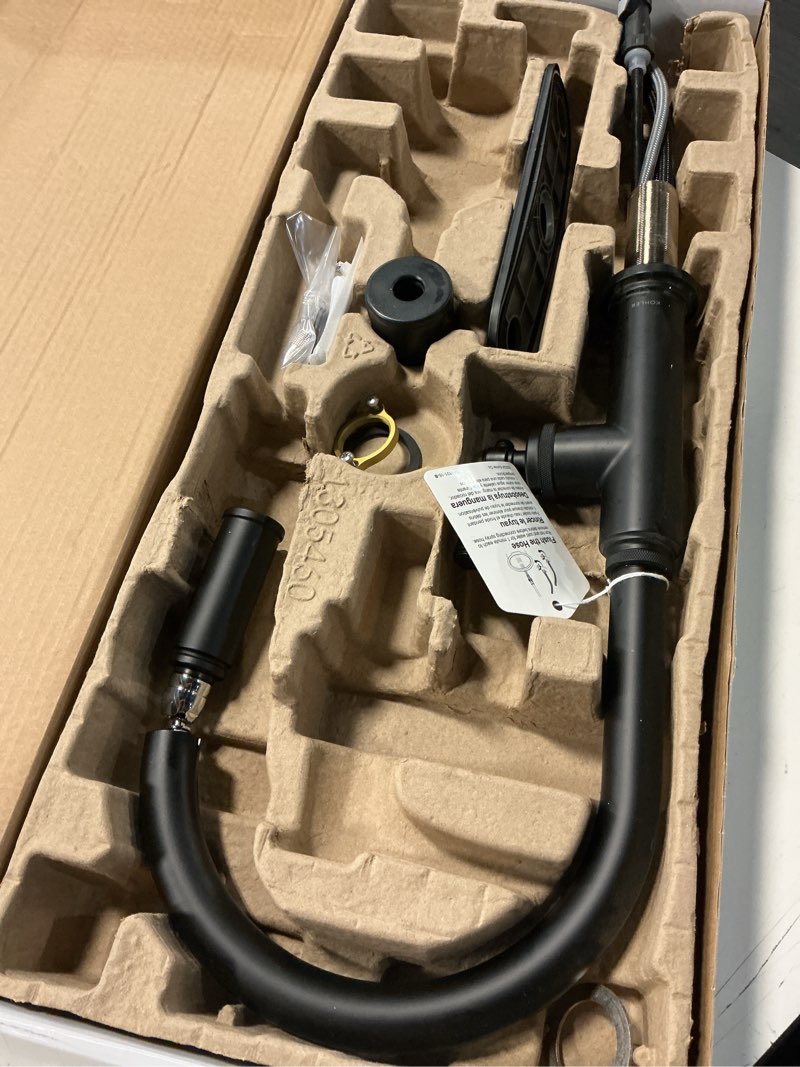 Condition photo showing As Is for kohler lathe matte black single handle pull-down kitchen faucet with sprayer (deck plate included)