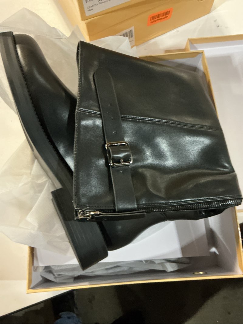 Condition photo showing New/Like New for (size 9.5)women's knee high boots chunky heel square toe tall boots for women low heel back zipper boots 6 black
