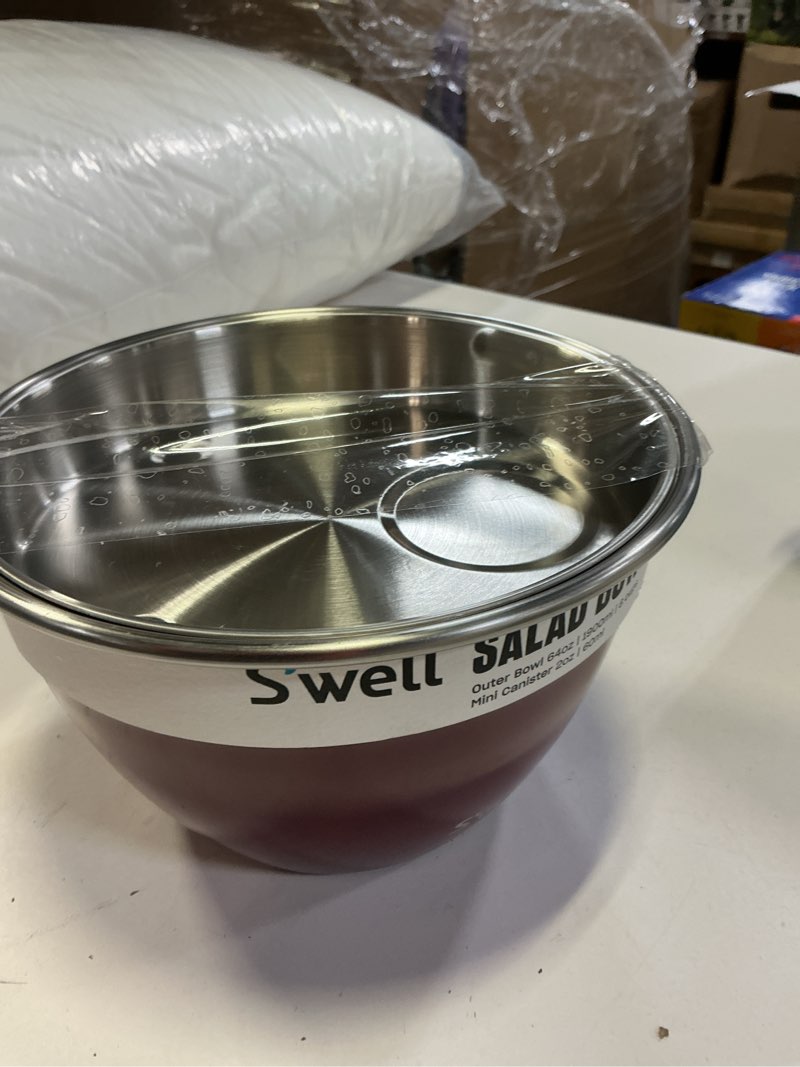 Condition photo showing As Is for s'well stainless steel salad bowl kit 64oz, wild cherry, comes with 2oz mini canister and removable tray for organization, leakproof, easy to clean, dishwasher safe wild cherry 64oz