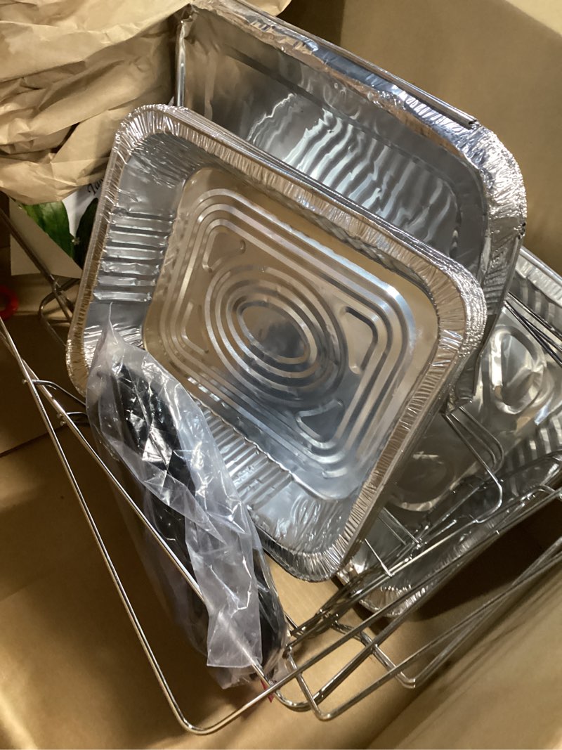 Condition photo showing As Is for Large Full Size 33-Pcs Disposable Chaffing Buffet with-Covers, Utensils, Fuel Cans – Premium Chafing Dish Set for Events, Parties, Catering Complete Kit (with Racks)