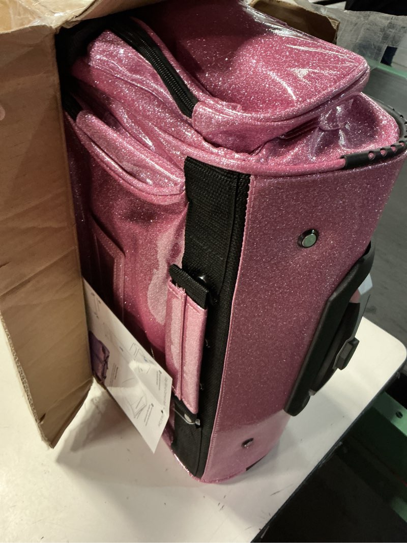 Condition photo showing Good Condition for travolution new glittering dance bag with garment rack, 23 inch rolling duffel with wheels, ideal for competitions & travel, easy-assembly lightweight aluminum clothes rack (glitter pink) glitter pink 23"