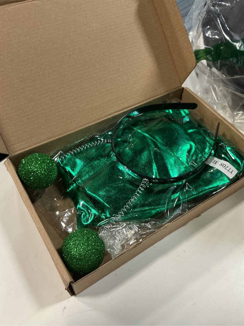 Condition photo showing New/Like New for sintege halloween alien headband and metallic flared pleated skater skirt for costumes supplies x-large skirt green