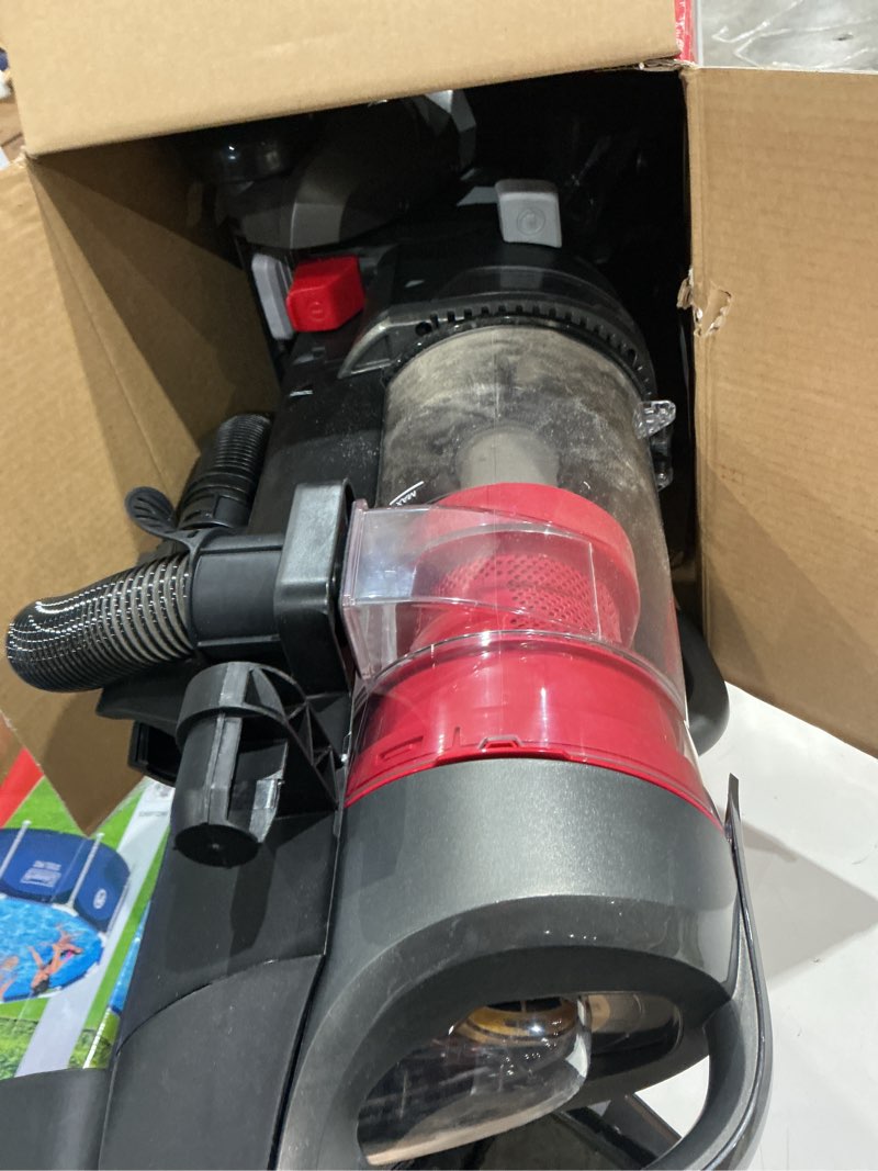 Condition photo showing As Is for hoover rewind pet bagless upright vacuum cleaner, pet friendly, automatic cord rewind, multi-surface and above floor cleaning, uh77410v, gray & red