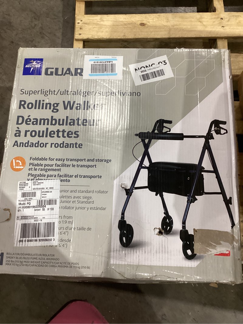 Condition photo showing Good Condition for Medline Superlight Folding Aluminum Mobility Rollator Walker, Smoky Blue, 250 lb. Weight Capacity, 6" Wheels, Adjustable Arms and Seat, Foldable Rolling Walker for Seniors Smokey Blue