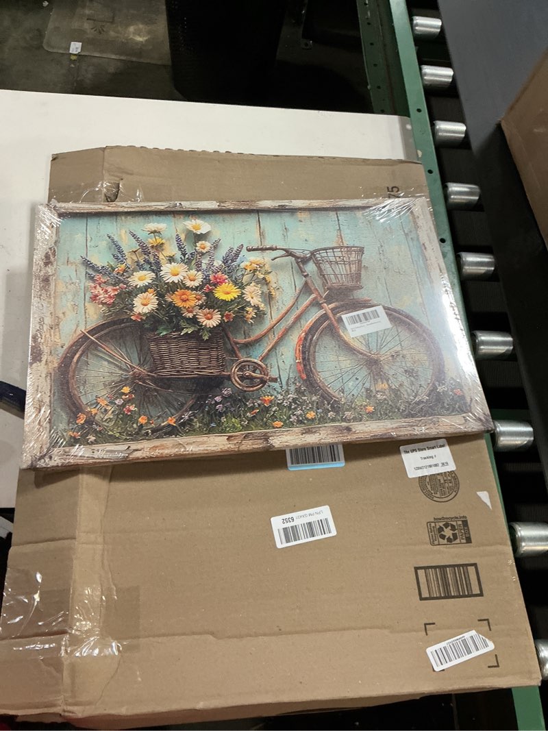 Condition photo showing New/Like New for rustic farmhouse daisy floral canvas wall art vintage bicycle flowers painting picture wall decor flower still life poster print artwork for bathroom living room bedroom home decoration flowers canvas 24"l x 16"w