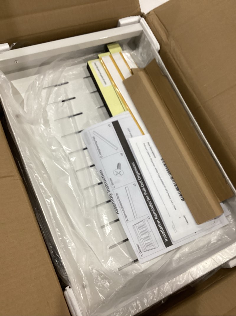 Condition photo showing As Is for pull out cabinet organizer, wider expandable(14"-24") heavy duty slide out drawers fixed with adhesive nano film for pots, roll out shelf storage for kitchen cabinet organization(white-1pc)(3 rails) white 21"d×14"-24"w(1 pack)