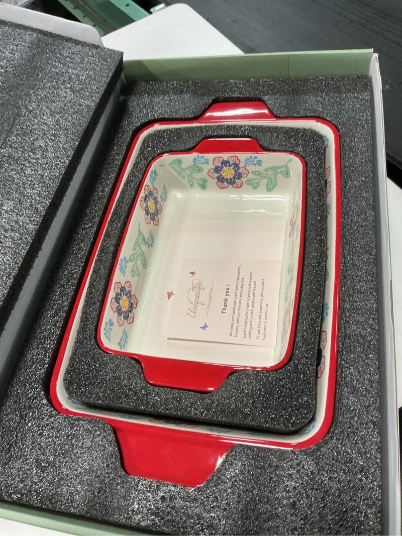 Condition photo showing Good Condition for UniqueLife 2-Piece Hand-Painted Stoneware Baking Dish Set (3QT + 1.2QT), Lead-Free & Cadmium-Free, Oven Safe up to 480°F, Microwave/Dishwasher/Freezer Safe – Warm Orange Warm Designed Orange