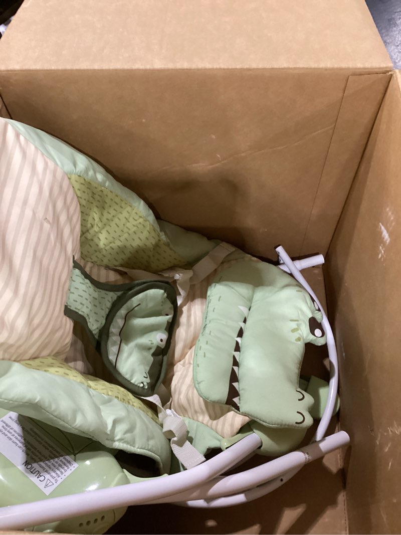 Condition photo showing As Is for baby swings for infants, portable baby swing with adaptable speed, music and timer, infant swing for babies 0-9 months 6-20 lbs, indoor/outdoor use little crocodile