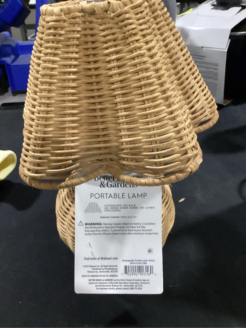 Condition photo showing As Is for better homes & gardens 9" rattan rechargeable portable lamp