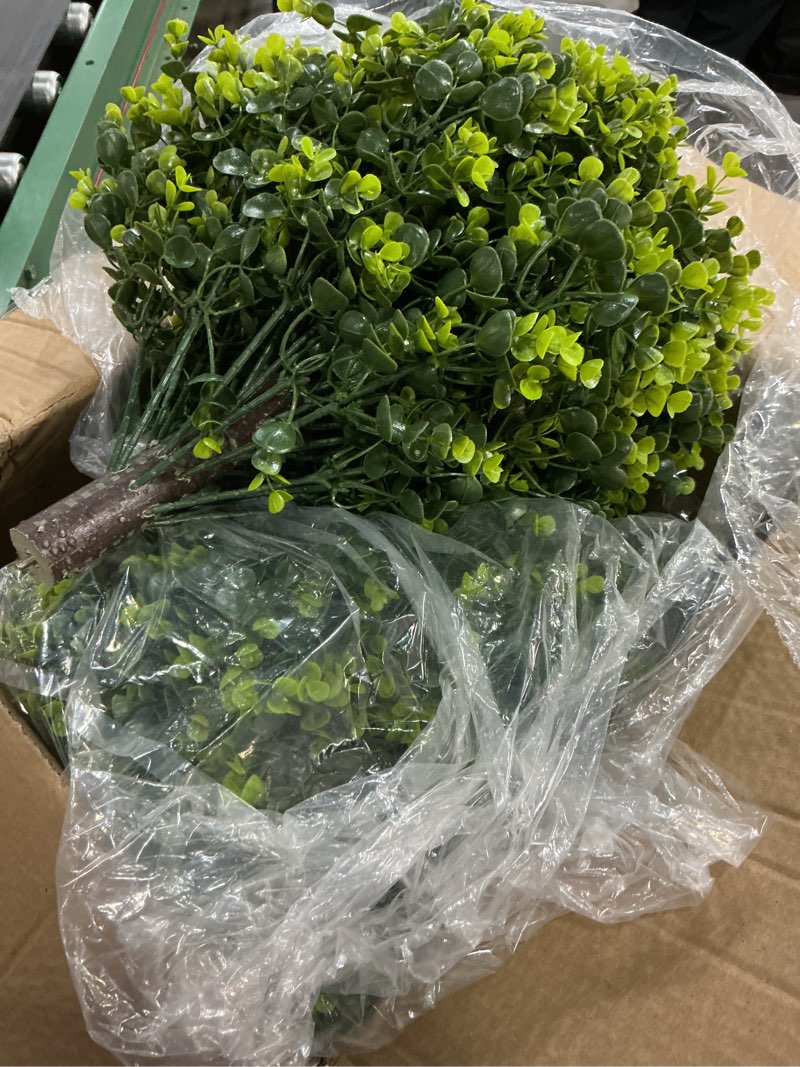 Condition photo showing Good Condition for set of 2 artificial boxwood topiary trees for front door - faux realistic greenery potted plants, fake outdoor uv-resistant bushes with pots for porch,farmhouse,home,garden decor