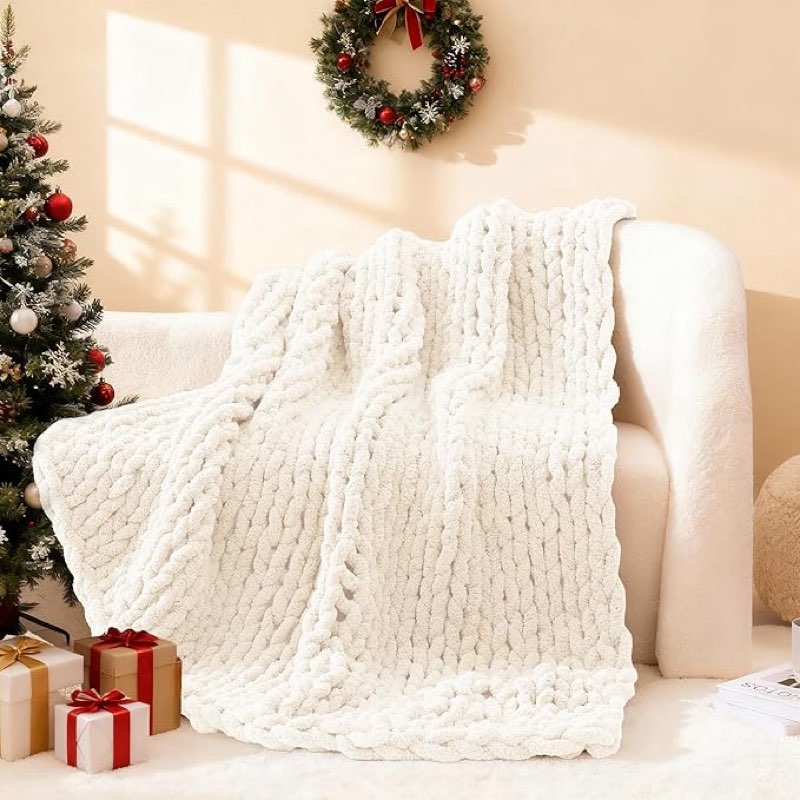 (Similar)WRENSONGE Chunky Knit Blanket Throw Ivory Large Soft Fluffy Cable Knit Crochet Throw 100% Hand Knitted Blanket for Couch Bed(40\"x40\")