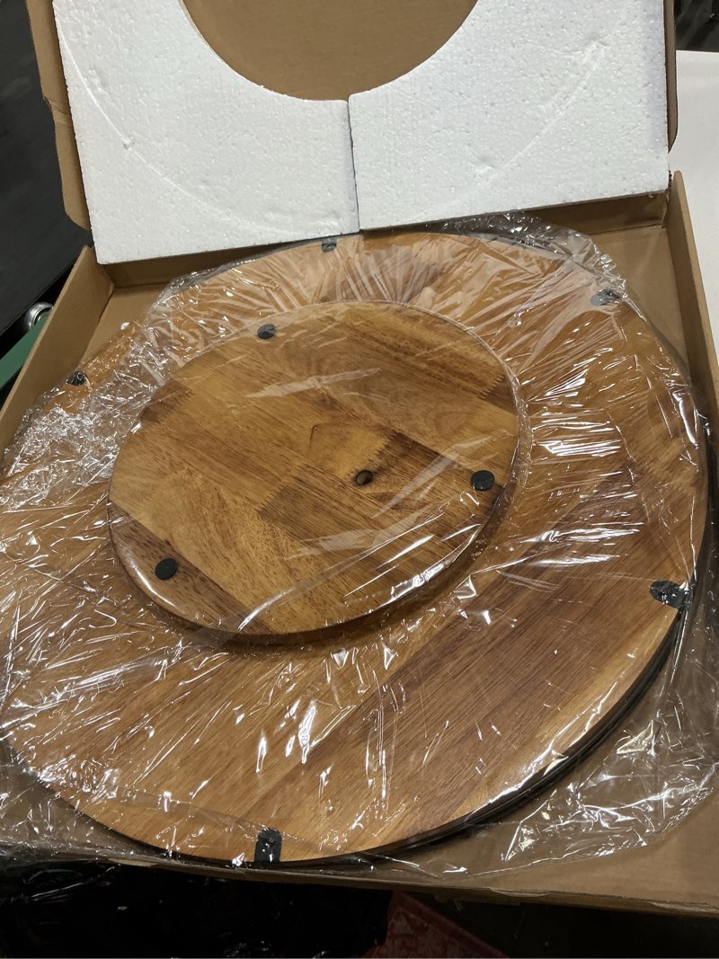 Condition photo showing Good Condition for 21" Lazy Susan Oak Wood Turntable Organizer for Cabinet, Farmhouse Round Wooden Large Lazy Susan Organization and Storage for Dining Table, Pantry, Kitchen, Countertop, Cupboard, Home Decor Brown & Black 21 inches