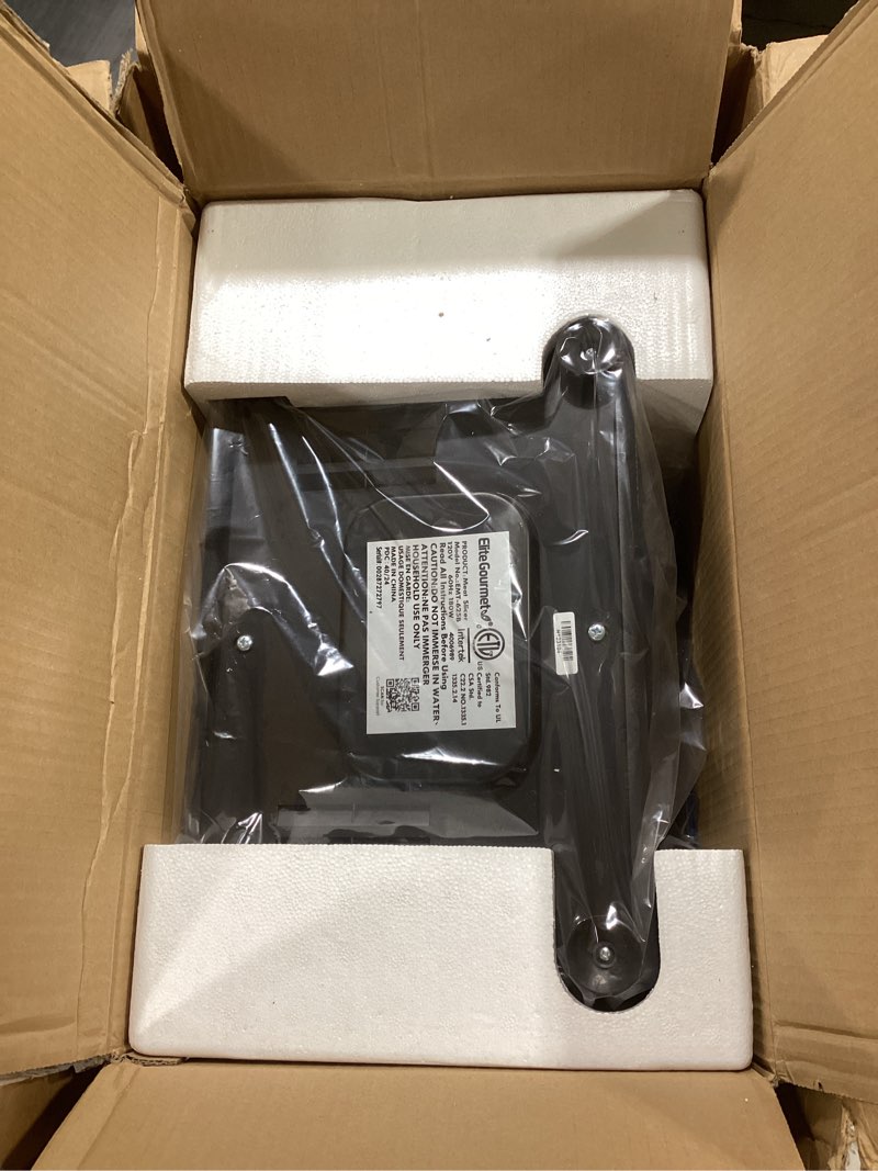 Condition photo showing Good Condition for Elite Gourmet EMT-625B Ultimate Precision Electric Deli Food Meat Slicer Removable Stainless Steel Blade, Adjustable Thickness, Ideal for Cold Cuts, Hard Cheese, Vegetables & Bread, 7.5”, Black Stainless Steel & Black