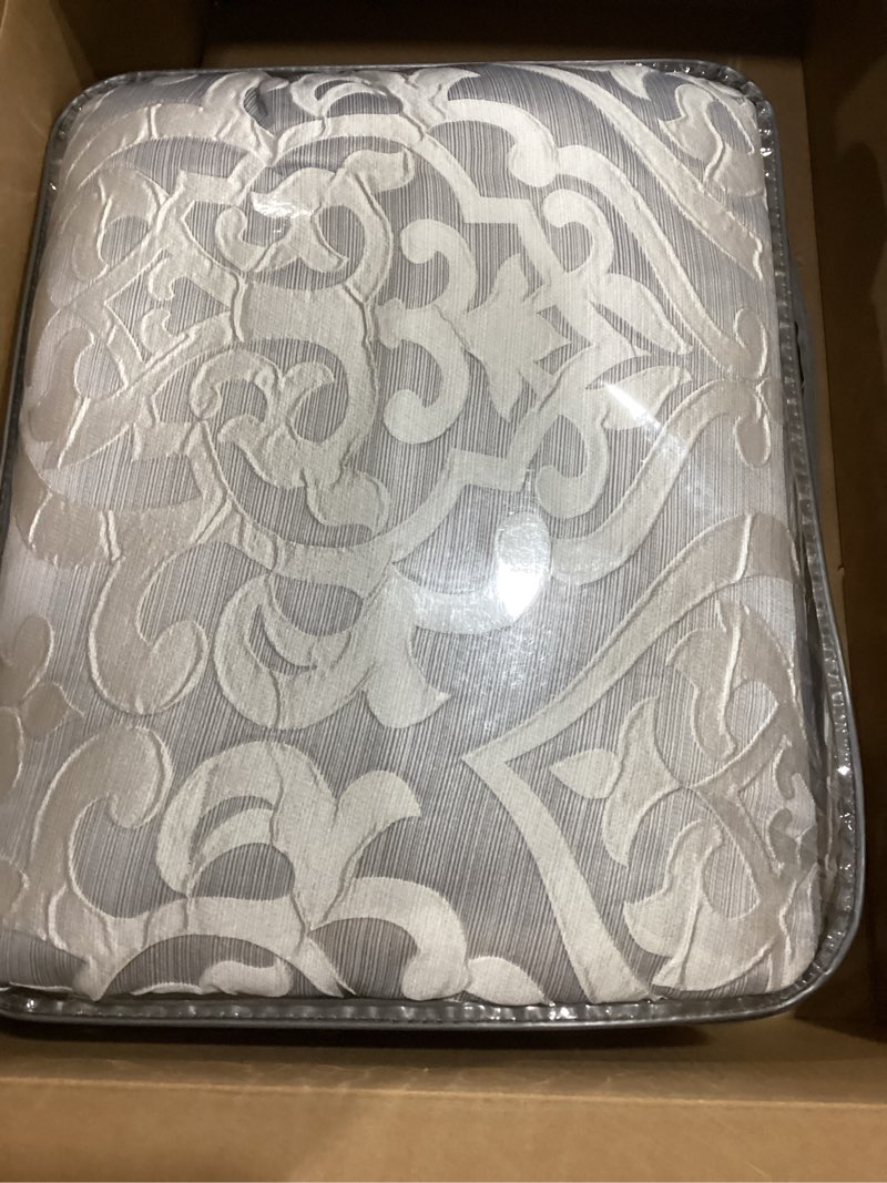 Condition photo showing Good Condition for Madison Park Odette Cozy Comforter Set Jacquard Damask Medallion Design - Modern All Season, Down Alternative Bedding, Shams, Decorative Pillows, Cal King(104 in x 92 in), Silver 8 Piece Silver/Grey Cal King (104 in x 92 in)
