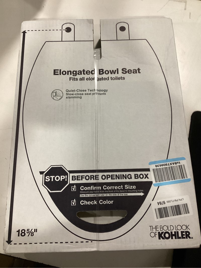 Condition photo showing New/Like New for kohler k-20110-0 brevia elongated toilet seat with grip-tight bumpers, quiet-close seat, quick-attach hardware, white