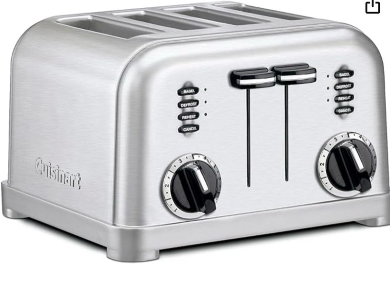 cuisinart 4 slice compact stainless steel toaster with extra-wide slots for bread, french toast, bagels & pastries, defrost & reheat functions, cpt-180p1, brushed stainless, removable crumb