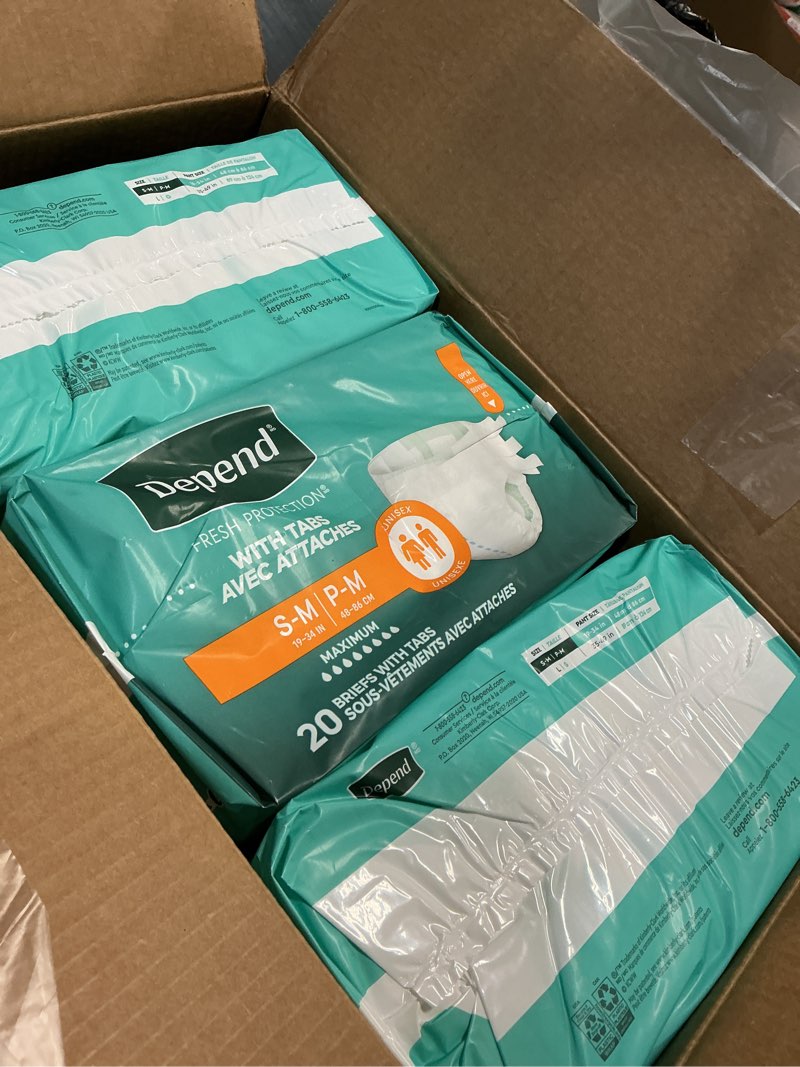 Condition photo showing New/Like New for depend adult diapers with tabs, incontinence protection with tabs, unisex, small/medium (19–34" waist, up to 170 lbs), maximum absorbency, 60 count (3 packs of 20)