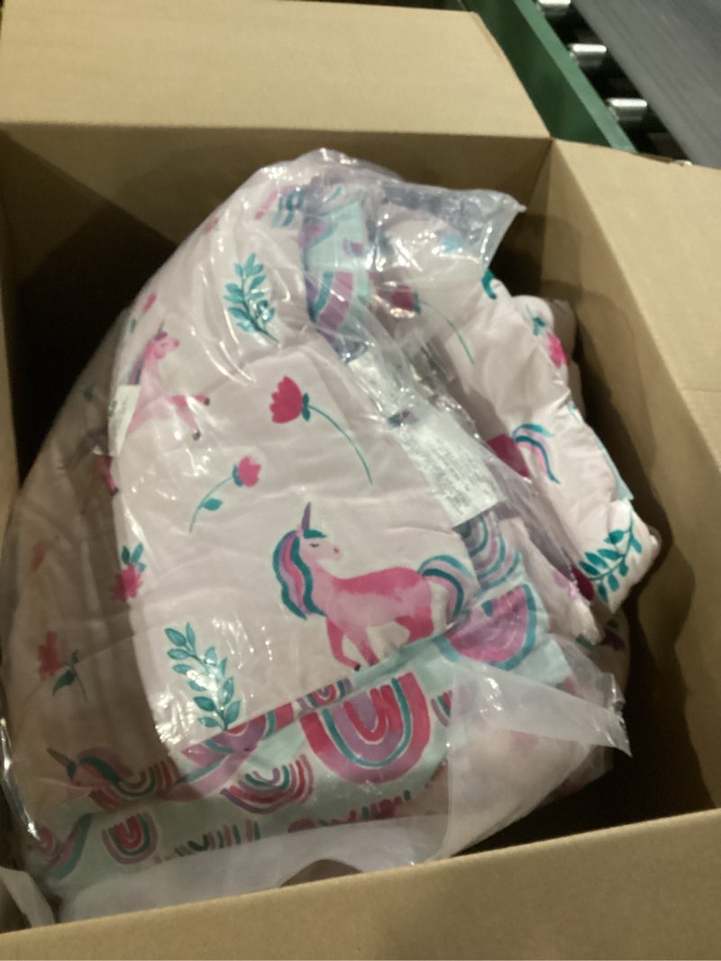 Condition photo showing As Is for amazon basics kids' 3-piece lightweight cotton shell reversible comforter set with pillow sham, ustcp certified, twin, unicorns and rainbows twin unicorns and rainbows
