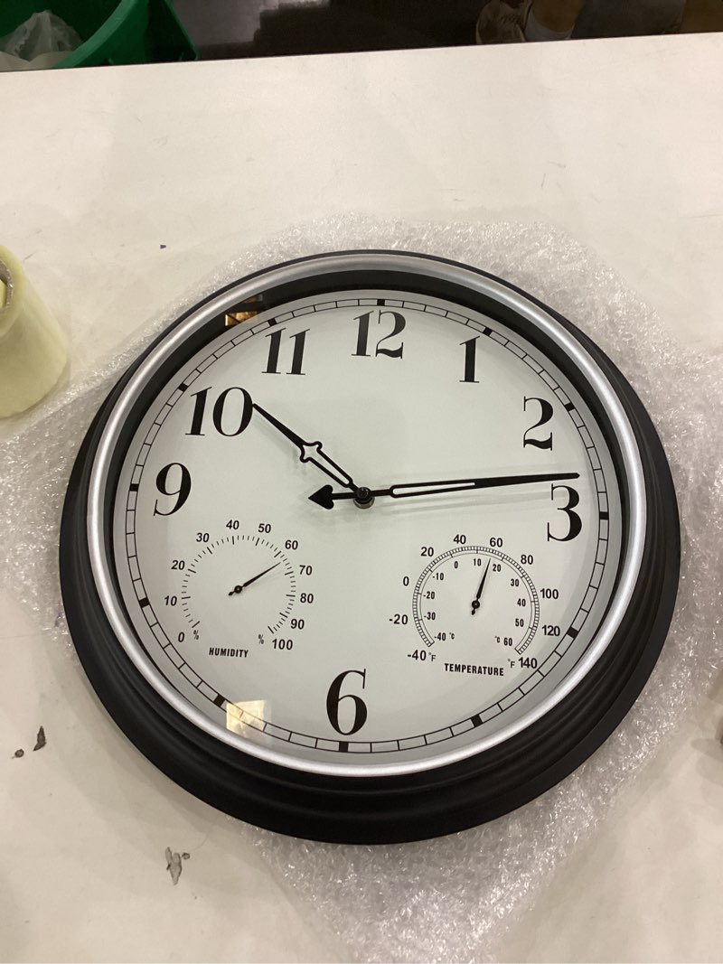Condition photo showing New/Like New for Rsobl 16 Inch Large Indoor Outdoor Wall Clock,Waterproof Non-Ticking Clock with Thermometer and Hygrometer Combo,Battery Operated Clock Wall Decorative- Silver