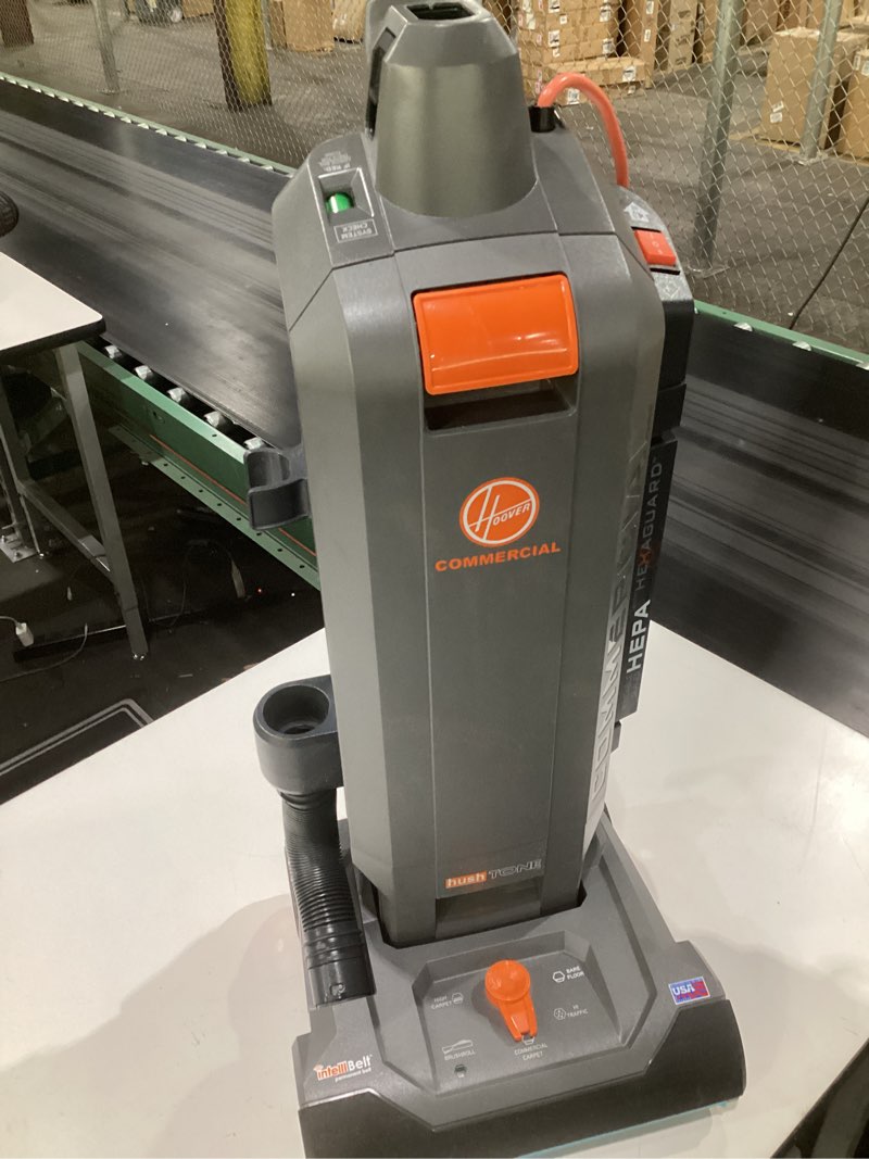 Condition photo showing As Is for (used, not tested, incomplete parts)hoover commercial hushtone 13-inch 2-speed upright vacuum cleaner with intellibelt, quiet bagged hepa filtered professional rated, 40-foot long cord, ch54113, gray/orange 13 inches with intelliblet
