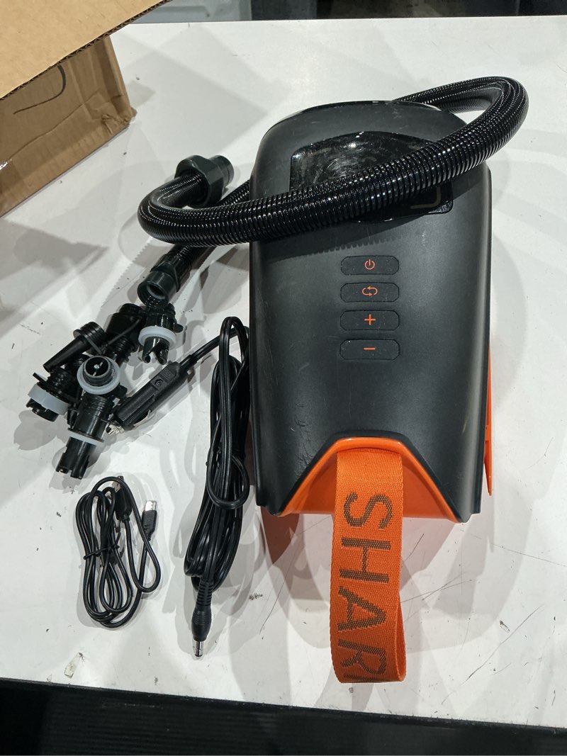 Condition photo showing As Is for outdoormaster shark 3 paddle board pump electric 74wh- 3'50" fast inflation | 74wh rechargeable sup air pump, one charge for 4 sups,12v/15.8v dc input, digital display, 20psi, auto-off, 8 nozzles