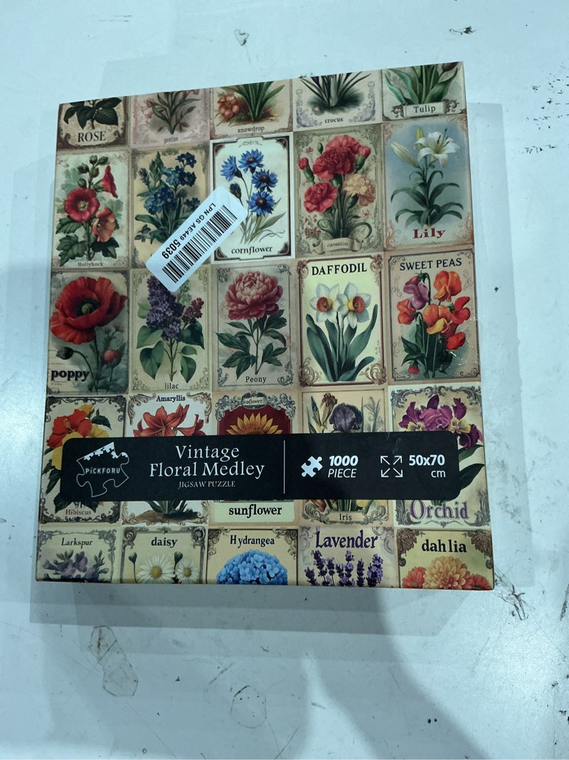 Condition photo showing As Is for retro flower collage puzzles for adults 1000 pieces, nature plant vintage floral art jigsaw puzzles,