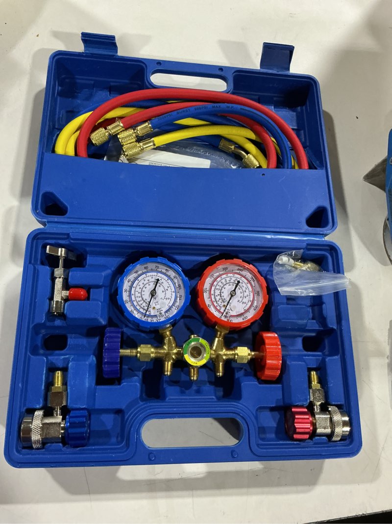 Condition photo showing Good Condition for ac gauges 3 way ac manifold gauge set for r134a r12 r22 r502 automotive ac hvac gauge with 5ft 3-color hoses