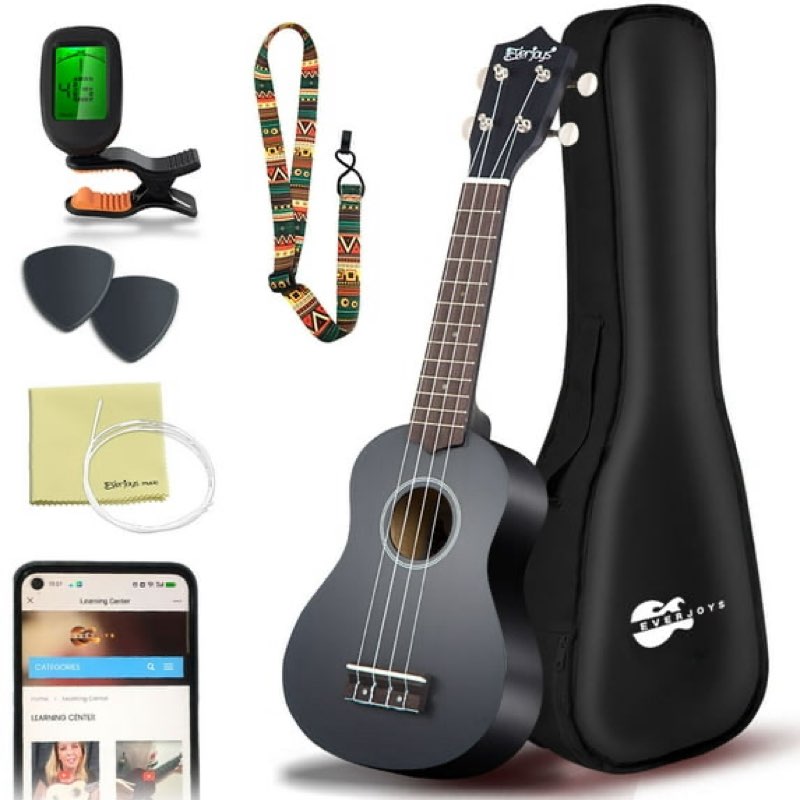 everjoys soprano ukulele beginner pack-21 inch w/free online lesson gig bag how to play songbook digital tuner pick polishing cloth all in one kit black